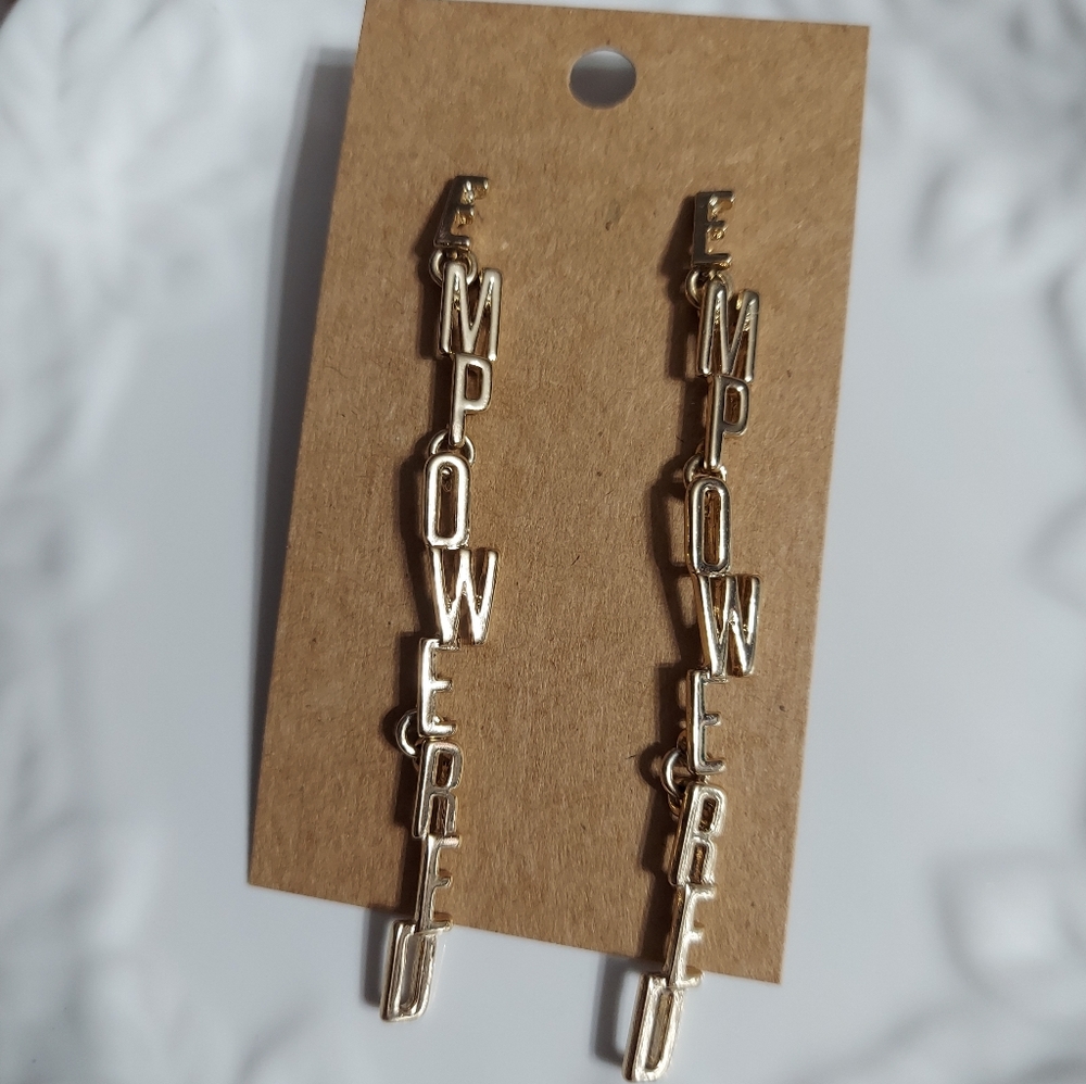 Gold Tone/ Vertical Word 'Empowered' Drop Earrings